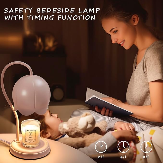 Cute Pink Flower Candle Warmer Lamp with Timer Dimmable, Bedroom House Office Aesthetic Living Girls Room New Home Decor, Christmas Birthday Gifts for Women Mom, Large Bedside Table Scented Wax Lamps
