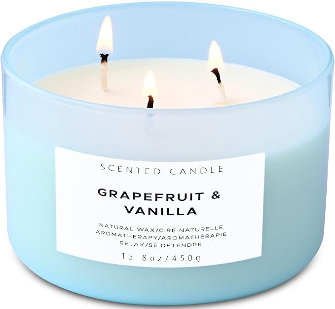 Grapefruit Vanilla 3-Wick Scented Soy Candle, 15.8 oz - Aromatherapy Citrus & Vanilla Candle, Long-Lasting Clean Burn, Strong Throw