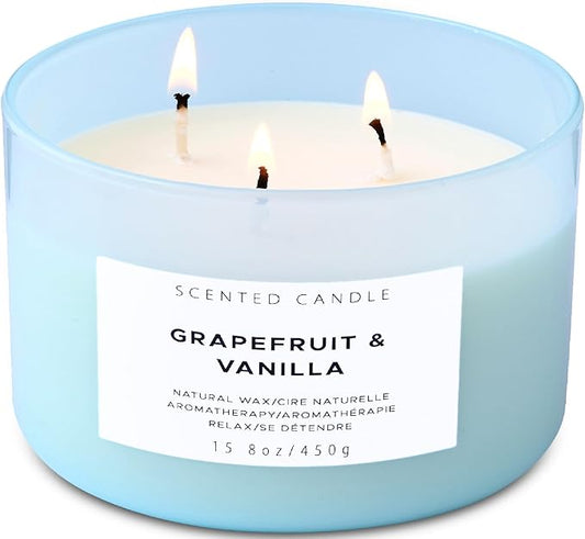 Grapefruit Vanilla 3-Wick Scented Soy Candle, 15.8 oz - Aromatherapy Citrus & Vanilla Candle, Long-Lasting Clean Burn, Strong Throw