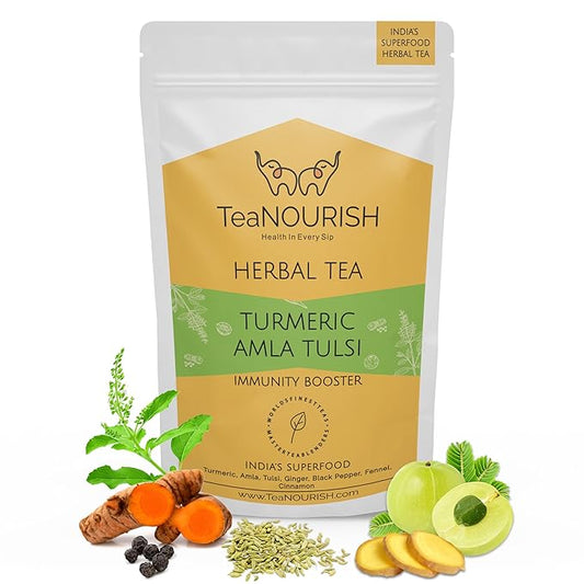 TeaNOURISH Turmeric Amla Tulsi Herbal Tea | CAFFEINE-FREE | Blended with Ginger, Blueberry, Cinnamon & Stevia | Improves Hair Growth, Supports Immunity - 3.53oz/100g