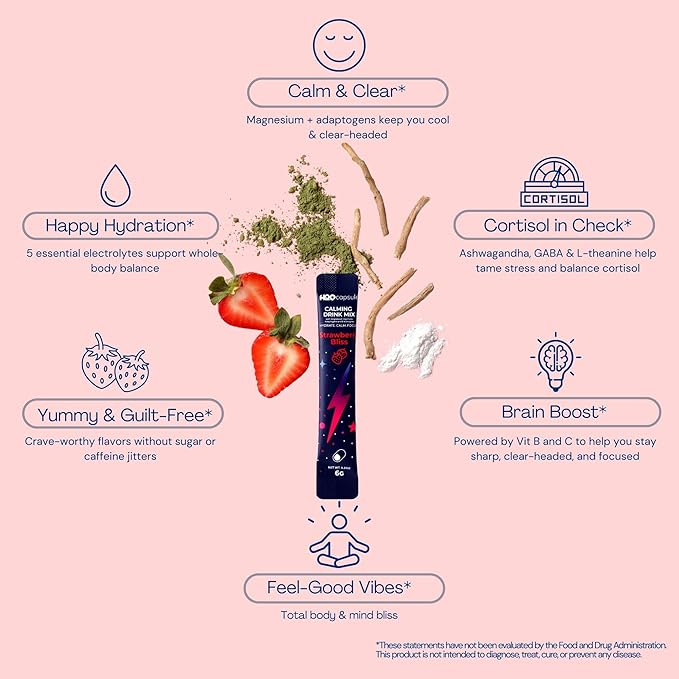 Calm Magnesium Glycinate Drink Mix with Electrolytes – Sugar Free Powder with Ashwagandha, L-Theanine, Vitamin B & GABA – Cortisol Support, Stress Relief, Hydration & Focus - 20 servings (Strawberry)