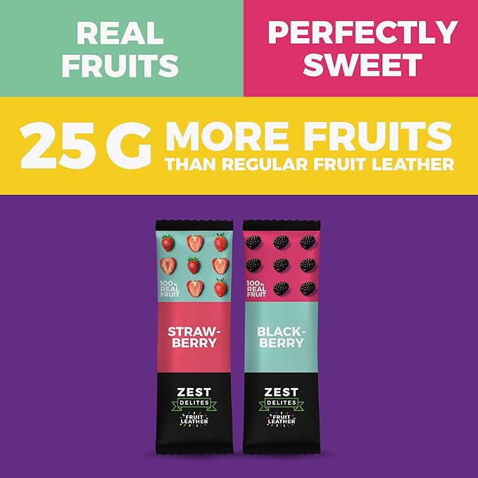 Dried Fruit Bars by Zest Delites, Fruit Leather, Healthy Snacks Pack for Adults & Kids, Lavashak, Vegan, Apple-Based Strips, Blackberry, Strawberry, 0.88 oz x 10