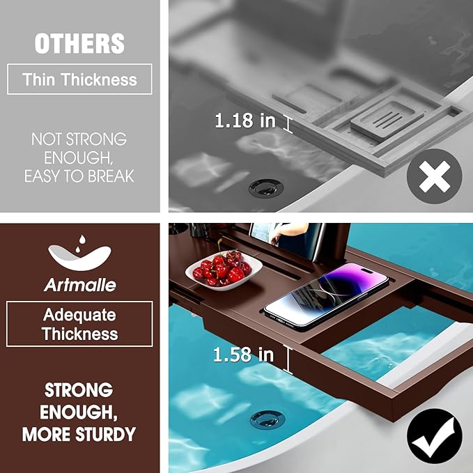 Artmalle Bathtub Tray for Tub, Expandable Bamboo Bath Caddy Tray with Book Stand for Home Spa Relaxing, Foldable Minimalist Bathroom Accessories for Women Men (Simple, Brown)