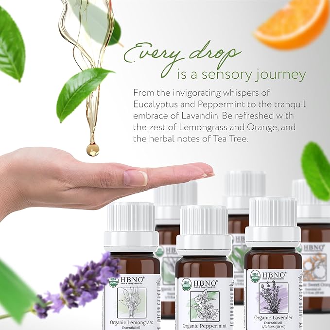 HBNO Organic Essential Oils Set (10ml) - Top 6 Essential Oils. Ideal for Aromatherapy, Soap Making, and Skincare and More - Lavender, Eucalyptus, Tea Tree, Peppermint, Orange, Lemongrass.