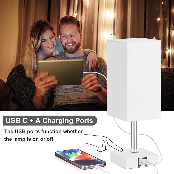 Ambimall Touch Control Table Lamp with USB A+C Charging Ports - 3 Way Touch Lamps Bedside, Nightstand Lamp for Bedrooms Living Room Nursery, LED Bulb Included(White Shade)
