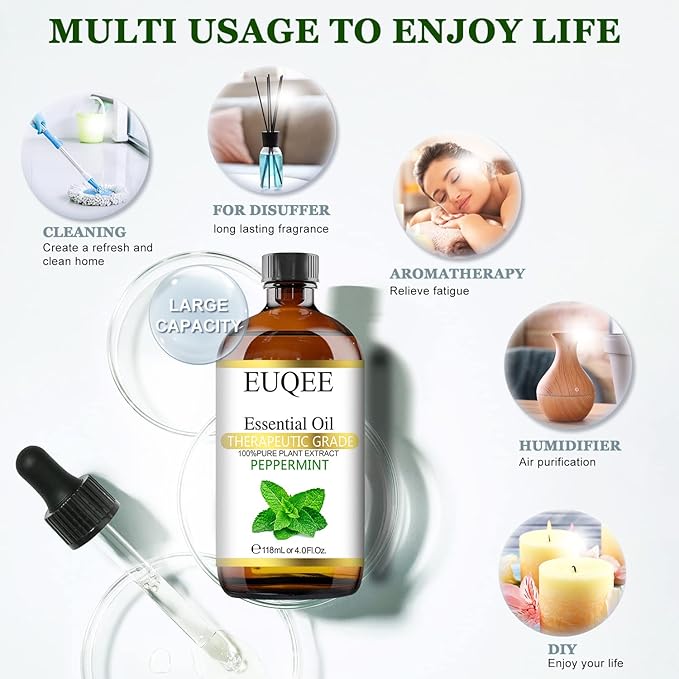 EUQEE Peppermint Essential Oil 118 ml Pure Peppermint Oil with Glass Dropper, Great for Aromatherapy, Diffuser, Soap Candle Making - 4Fl. Oz