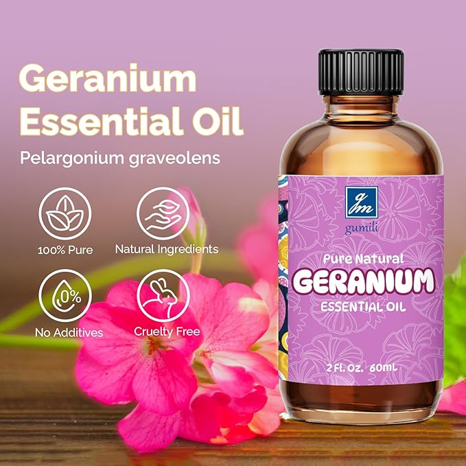 Geranium Essential Oil 2 Oz, 100% Pure Geranium Oil for Diffuser, Skin, Hair, Face, Soap & Candle Making, Aromatherapy & Massage