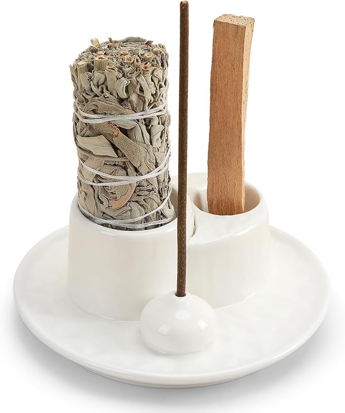 Palo Santo Sticks Holder, Multi-Purpose Handmade Ceramic Incense Burner for Palo Santo Incense Sticks, Sage Holder for Burning, Ash Catcher Tray for Meditation Yoga Room (Pure White)