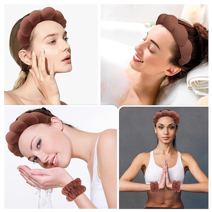 Zkptops Spa Headband for Washing Face Wristband Set Sponge Makeup Skincare Terry Cloth Bubble Soft Get Ready Hairband for Women Girl Puffy Padded Headwear Non Slip Thick Hair Accessory(Dark Brown)