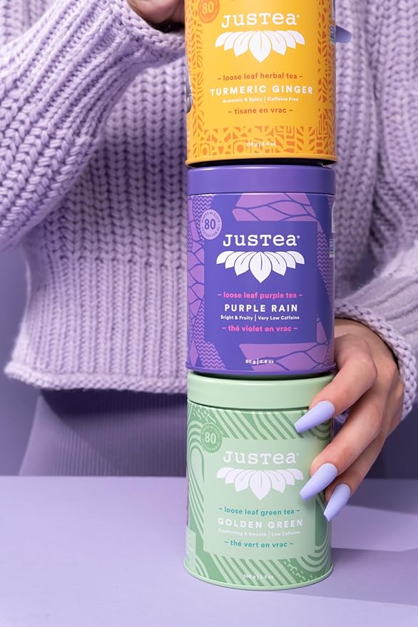 JusTea PURPLE RAIN | Loose Leaf Purple Tea | Tin with Hand Carved Tea Spoon | 40+ Cups (2.8oz) | Very Low Caffeine | Award-Winning | Fair Trade | Non-GMO