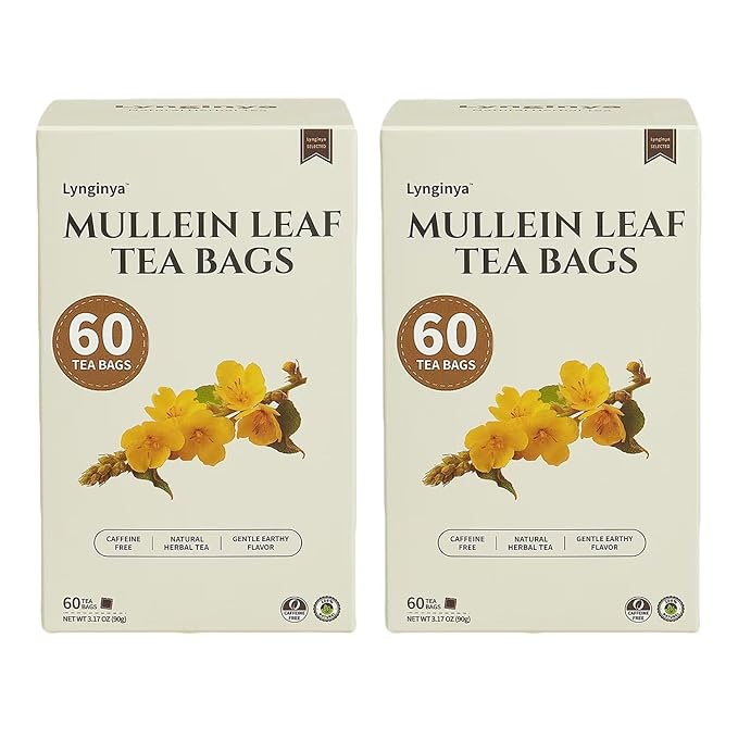 Lynginya Mullein Leaf Tea Bags, 60 Tea Bags (Pack of 2) - Premium Mullein Leaf - Natural Herbal Tea - Earthy & Mild - No Sugar & No Caffeine - Total 120 Bags