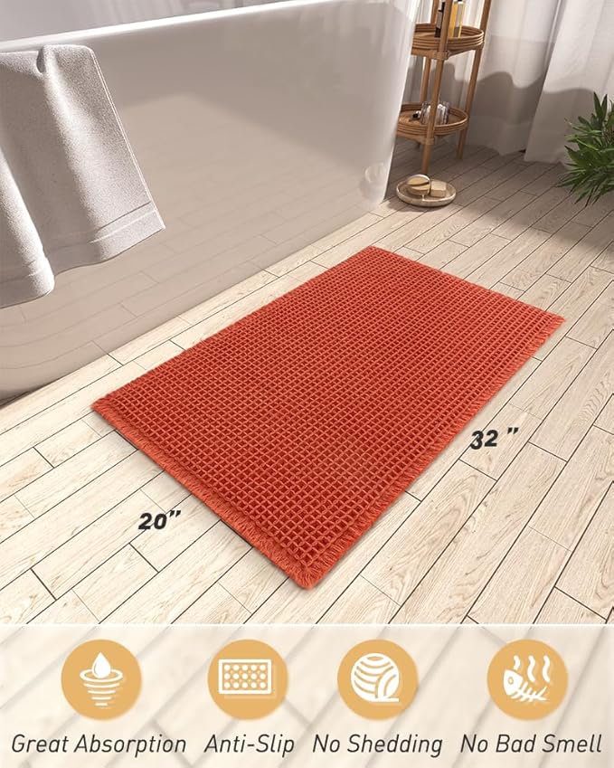 AMOAMI Upgraded Waffle Bath Mat, Super Absorbent Non Slip Bath Mats for Bathroom Floor, Machine Washable Bathroom Rugs with Tassels, Rubber Backed Bathroom Mats, Ultra Soft, 20" x 32", Orange