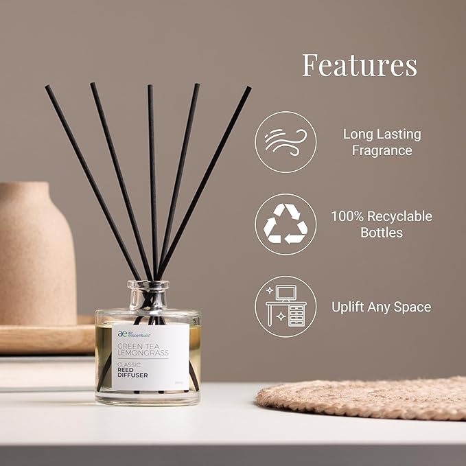 Air Esscentials Classic Green Tea Lemongrass Reed Diffuser Set - Decorative Fragrance Diffuser & Oil for Bathroom & Home | Long-Lasting Aroma | Natural Scent Sticks | Essential Oils, Botanicals| 100mL