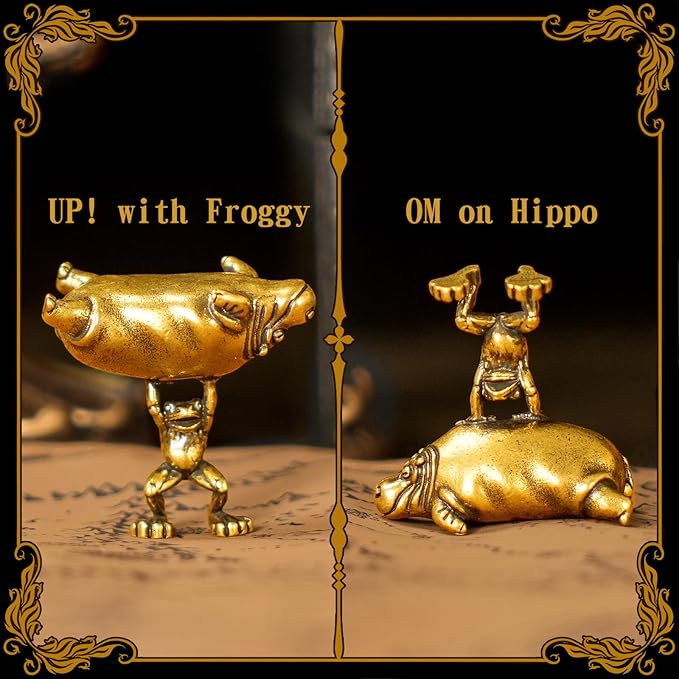 CHOVY Frog & Hippo Sculpture - 100% Solid Brass Tiny Hero Lifting Giant, Whimsical Underdog Story Decor, Unique Office & Bookshelf Statue, Inspirational Gift for Motivational & Fantasy Lovers