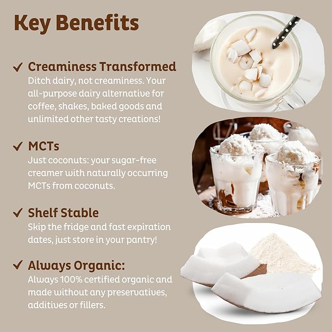 KOS Organic Coconut Milk Powder, USDA Certified Organic - 0g Sugar, MCT Plant Based Creamer for Coffee, Smoothies, Vegan, Keto, Paleo Friendly, Non-GMO, Gluten or Dairy- 12.6oz, 179 Servings