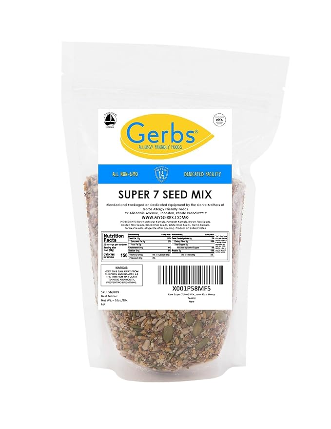 GERBS Raw Super 7 Seed Snack Trail Mix 1 LBS. | Top 14 Food Allergy Free | Resealable Bulk Bag | Made in USA | Raw Pumpkin | Sunflower | Brown & Golden Flax | Black & White Chia | Hemp | Gluten Free