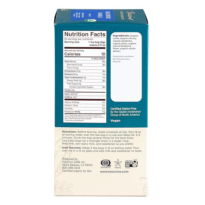 Teeccino Dandelion Blueberry Vanilla Herbal Tea - Rich & Roasted Herbal Tea That’s Caffeine Free & Prebiotic for Natural Energy, Coffee Alternative, 25 Count