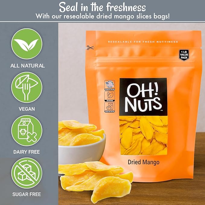 Oh! Nuts Dried Mango - Dehydrated Mango Slices - Dried Mango Fruit - 1 lb - Packed in New York Zip-Seal Bag for Exceptional Freshness