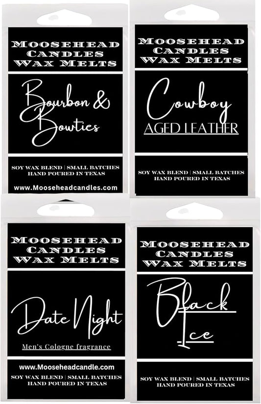 Men’s Wax Melts Variety Pack – Aged Leather, Armani Cologne, Bourbon & Bow Ties, and Black Ice Scents – Long-Lasting Soy Wax Melts, Masculine Fragrance Collection for Men