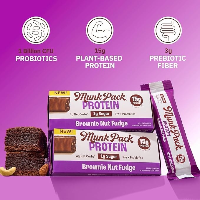 Munk Pack 15g Probiotic Keto Protein Bars - Low Sugar, High Protein -1g Sugar, 4g Net Carbs. Vegan + Plant Based Gut Health. Low Carb Healthy Snack Bar. Sampler Pack - 5 Count