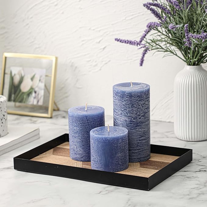 3x3 Inch Blue Pillar Candles Set of 3 - Hand-Poured Unscented Candle, Long Clean Burning, Large Big Candles, Smokeless Dripless Candle for Dinner Table, Wedding, Home, Bathroom, Rustic Decor