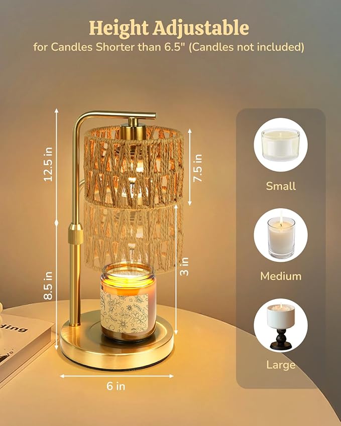 Candle Warmer Lamp with Timer, Dimmable Candle Warmer for Jar Candles, Height Adjustable Wax Melts Warmer, Boho Rattan Lampshade and 2 Bulbs, Gift for Home Room Decor, Gifts for Women Mom (Gold)