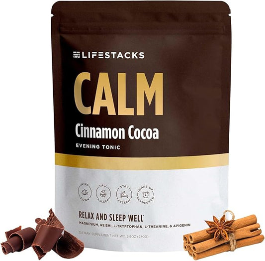 Calm Evening Tonic Sleep Powder - Cinnamon‑Cocoa Nighttime Superfood Drink Mix - Magnesium, L‑Theanine, Reishi Mushroom & L‑Tryptophan for Deep Sleep & Recovery, No Grogginess - 20 Servings