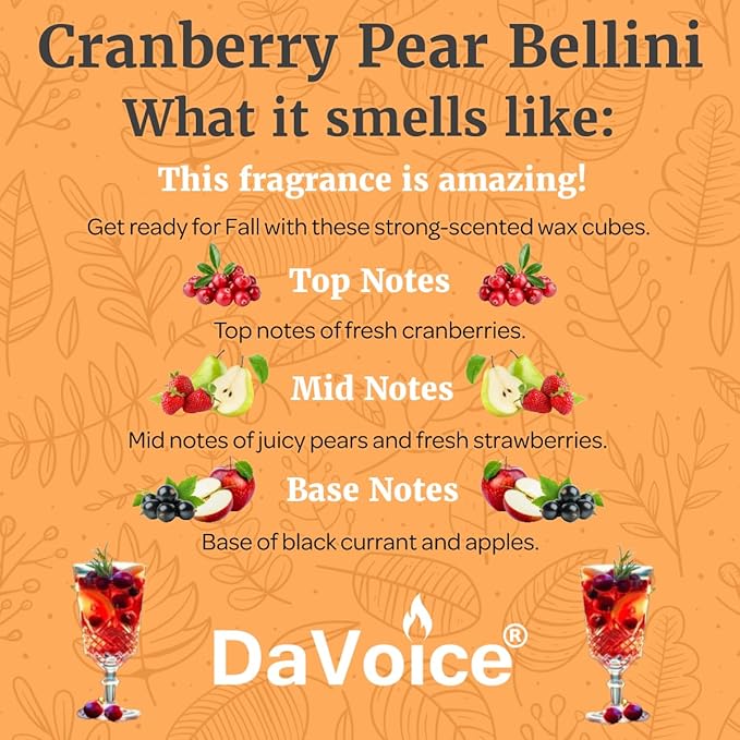 DaVoice Cranberry Pear Bellini Wax Melts – Strong Scented Soy Wax Cubes with Fruity Wine-Inspired Fragrance (6 Cubes, 2.2 oz)