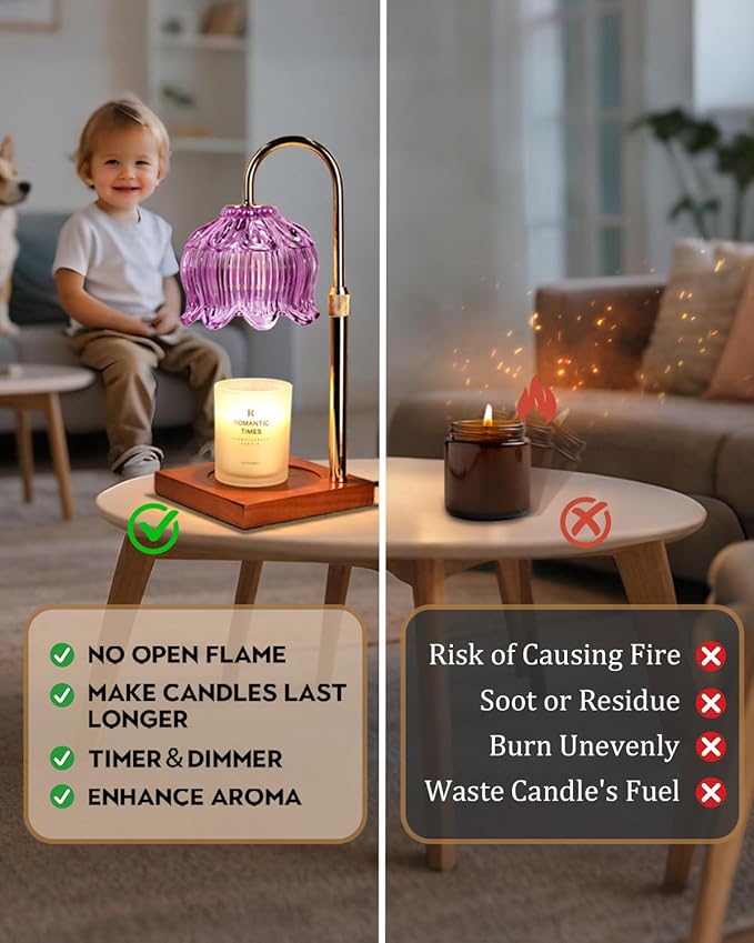 Candle Warmer Lamp with Timer Dimmable, Height Adjustable Birthday Gifts for Women Mom House Warming, Home Decor, Lotus Flower Candle Lamp Warmer 2 Bulbs Inc (Purple)