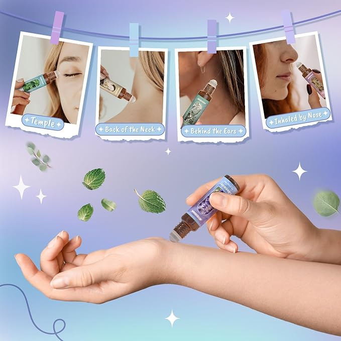 Essential Oils Roll On Gift Set, Natural Aromatherapy Oil Roller for Body, Skin, Massage - Lavender, Peppermint, Frankincense & Myrrh, Eucalyptus, Vanilla, Sandalwood, Gift for Women