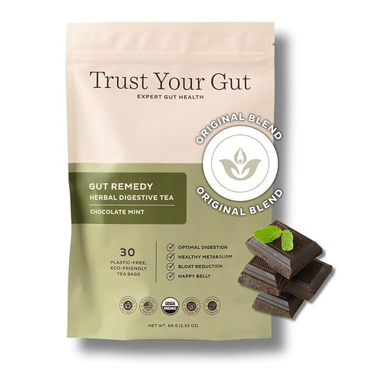 Trust Your Gut Organic Herbal Tea Blend with Lemon Balm, Holy Basil, Dandelion, Ginger Root – Liver Detox, Digestion & Gut Health Support, Gas Bloating Relief – Chocolate Mint, 30 Bags