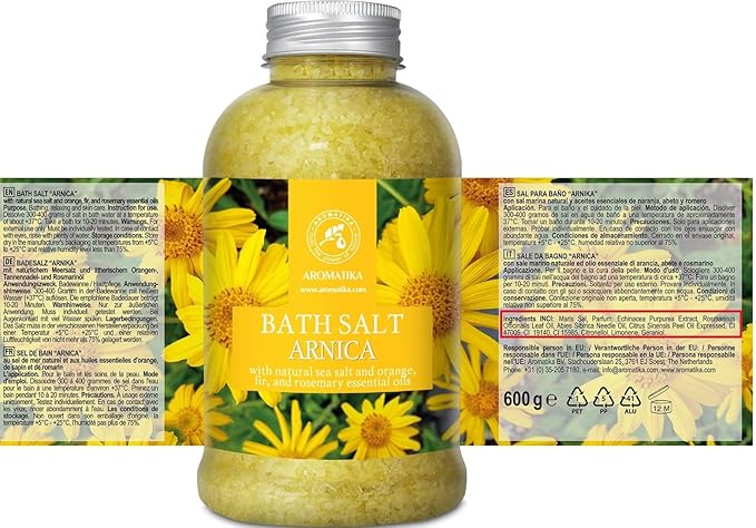 Arnica Bath Salts 21.16 Oz - 100% Natural Rosemary Orange and Fir Essential Oils - Sea Salt Arnica 600g - Best for Bath - Good Sleep - Relaxing - Body Care - Beauty (Pack of 2)