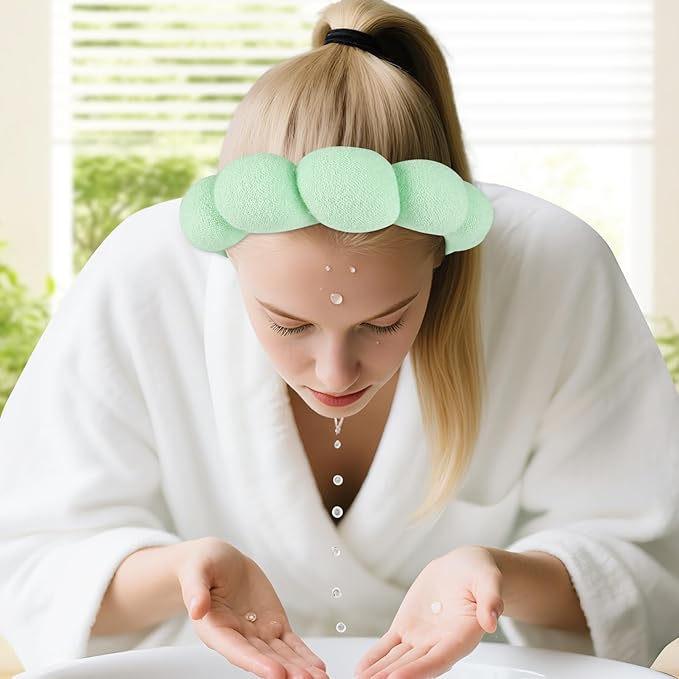 Zkptops Spa Headband for Washing Face Wristband Set Sponge Makeup Skincare Terry Cloth Bubble Soft Get Ready Hairband for Women Girl Puffy Padded Headwear Non Slip Thick Hair Accessory(Light Green)