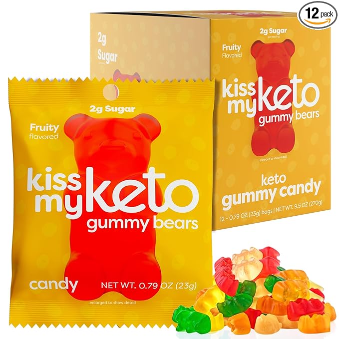 Kiss My Keto Sugar Free Gummy Bears, 12-Pack – Satisfy Cravings while Staying in Ketosis – High Fiber, 3g Net Carbs, Non-GMO, Vegan, & No Gluten – Fruity Sugar Free Gummies