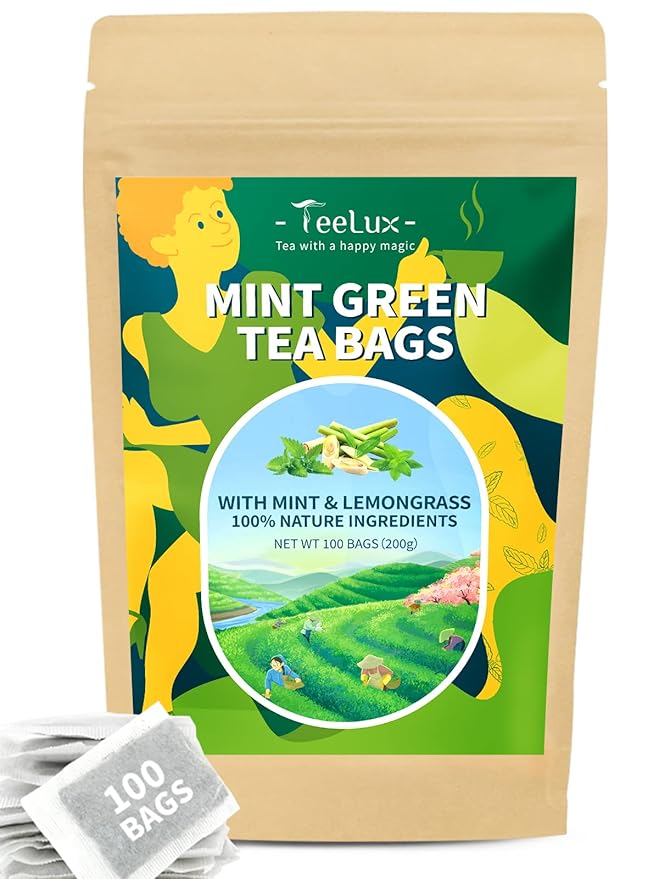 TeeLux Mint Green Tea Bags, Green Tea with Peppermint, Spearmint and Lemongrass, Caffeinated, 100% Real and Natural, 100 Count