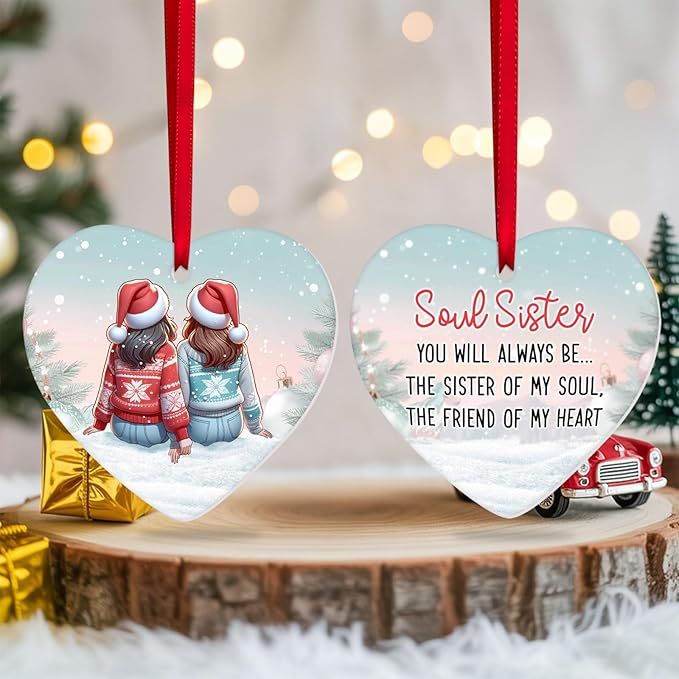 34HD Gifts for Christmas, Sisters Christmas Ornament Heart-Shaped Ceramic 2-Side Printed, Gifts for Best Friends, Besties, Sisters, Christmas Decorations