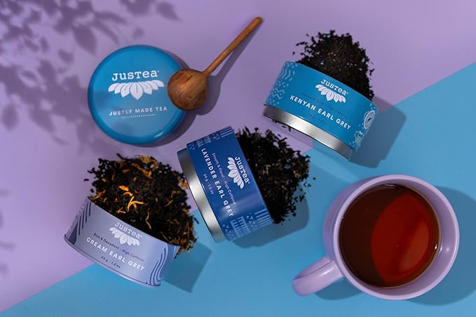 JusTea EARL GREY TEA TRIO | Stacking Tins Variety Pack with Hand Carved Tea Spoon | Loose Leaf Tea | High Caffeine | Fair Trade | Non-GMO