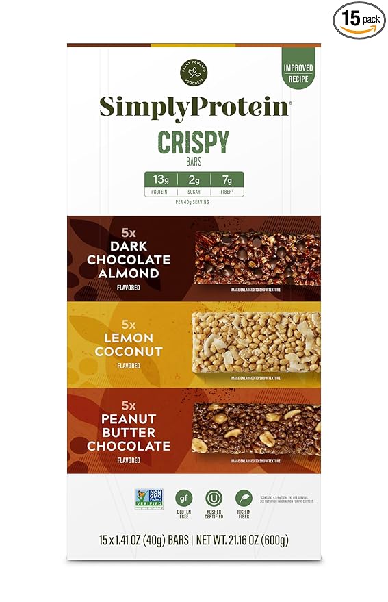 Simply Protein - Crispy Bars Variety Pack, 3 Flavors - Plant Based Protein Bars, Protein Snacks - 13g Protein, 2g Sugar, 7g Fiber - Vegan, Gluten Free, Non GMO, Kosher - 15 Bars, 1 Box