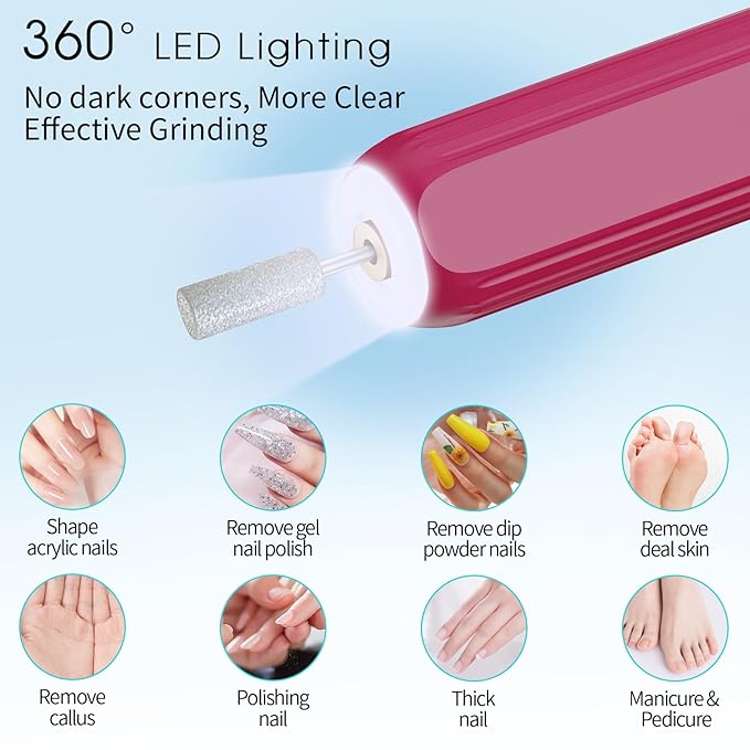 Professional Manicure Pedicure Kit -360° Light, Rechargeable Electric Nail Drill, Cordless Electric Nail File Set, 3 Speeds Hand Foot Care Nail Drill for Thick Nail Toenail Cuticle,Red