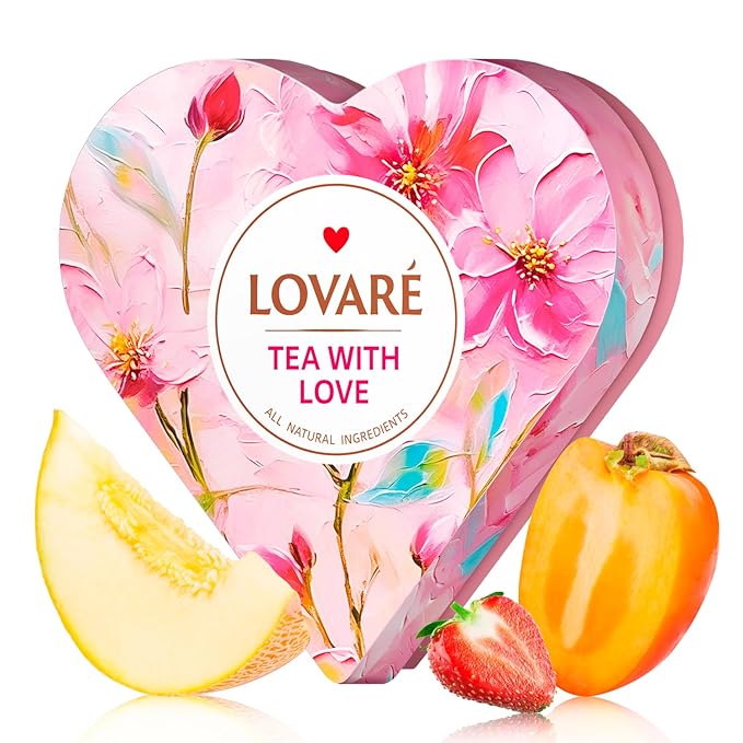 Tea Set By Lovare Made in Ukraine - Black and Green, Fruit, Peach Assorted Samplers - Fancy Variety of Packets - Gift Box For Flavored Tea Lovers Men & Women (Heart (34 Pyramids))