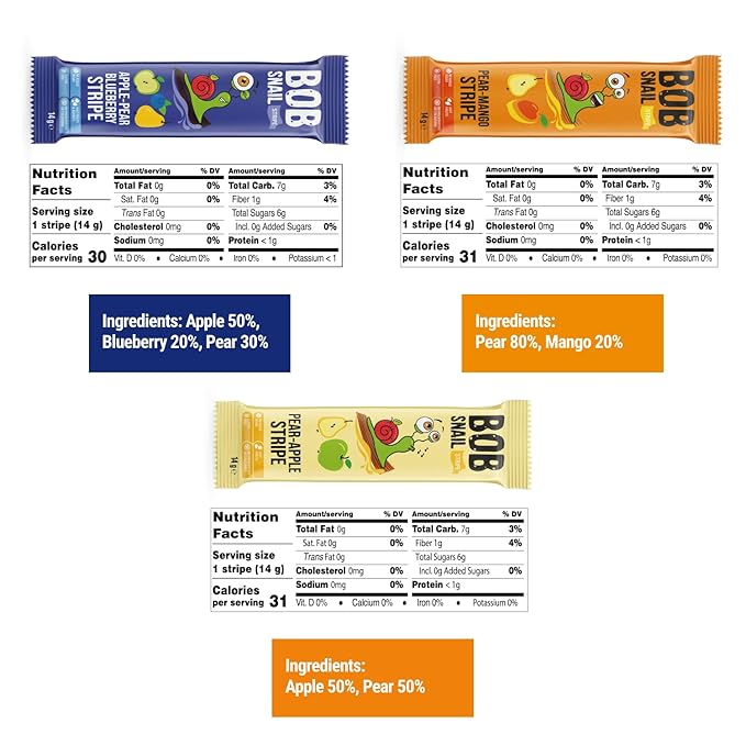 BOB SNAIL Healthy Organic Fruit Snacks for Kids and Adults – 30 Organic Fruit Leather Snacks with Pear & Apple, Blueberry, Mango – Vegan Low-Carb Variety Pack Strips for Kids – Sugar Free Jerky Bars