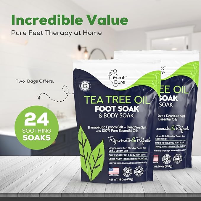 FOOT CURE Tea Tree Oil Foot Soak with Epsom Salt - Best Toenail Fungus Treatment, Athletes Foot & Softens Calluses - Soothes Sore & Tired Feet, Fungal Toe, Foot Odor Scent, Spa Pedicure (Pack of 2)