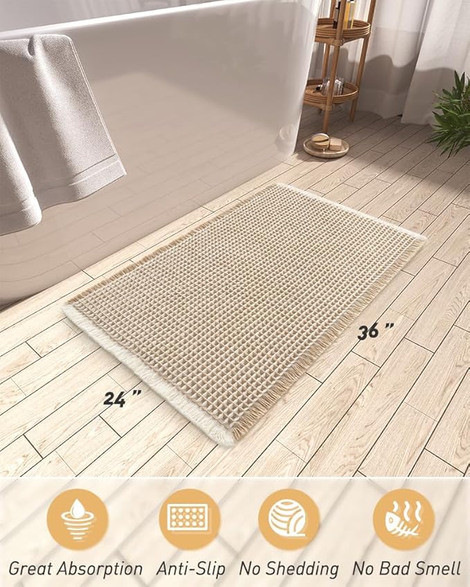 AMOAMI Upgraded Waffle Bath Mat, Super Absorbent Non Slip Bath Mats for Bathroom Floor, Machine Washable Bathroom Rugs with Tassels, Rubber Backed Bathroom Mats, Ultra Soft, 24" x 36",Brown & Cream