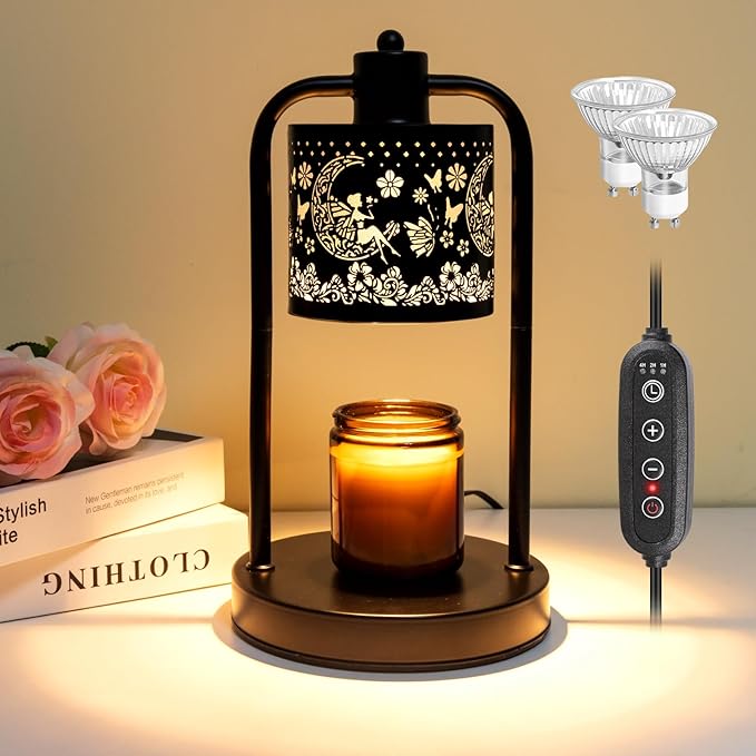 Lococo Candle Warmer Lamp Wax Light: Wax Melt Warming Lamps for Jar Candles with Timer Dimmable for Birthday Christmas Gift, Room, New House, Bedroom, Vintage Home Decor, Black + Fairy Moon