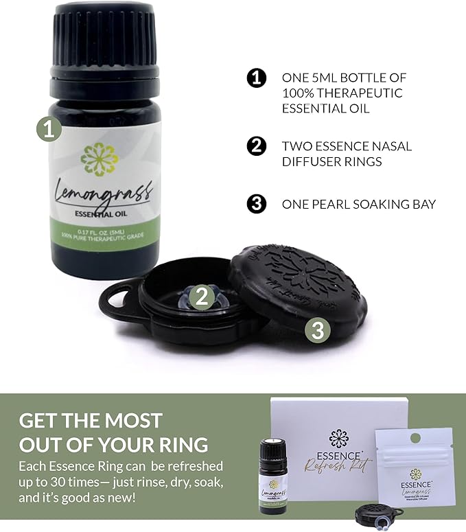 Essence Wearable Aromatherapy Nasal Diffuser – Lemongrass Essential Oil Nose Ring Silicone Inhaler for Stress & Mood Support - Made in USA & Travel-Friendly