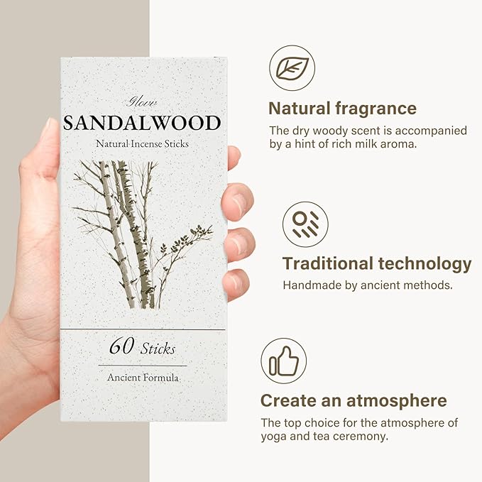 Sandalwood Incense Sticks 60 Pack, Natural Fragrance, Ideal Choice for Yoga, Meditation and Relaxation, Air Purifying Aromatherapy and Long-Lasting Burn