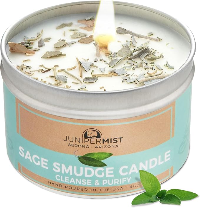 Sage Smudge Candle with White Sage Leaf (6oz) Manifest & Cleanse - Pure Sage Energy Cleansing Candle for Meditation – Spiritual for Protection & Intention – Soy Wax - Made in USA