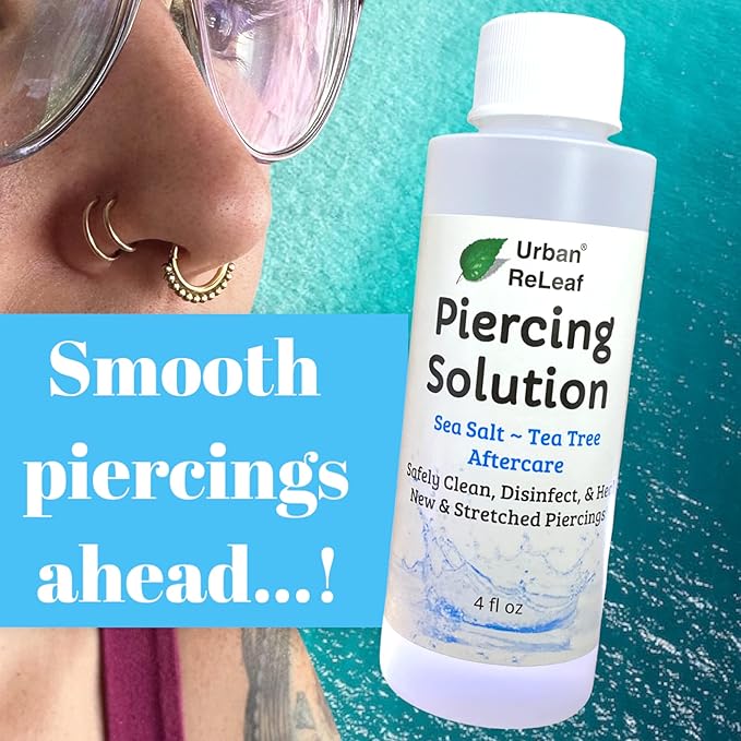 Urban ReLeaf Piercing Solution ! Soothing Sea Salts & Tea Tree AFTERCARE 4 oz, Ready to use. Safely Clean and Calm New & Stretched Piercings. Gentle Effective Natural & Proven. Works Fast