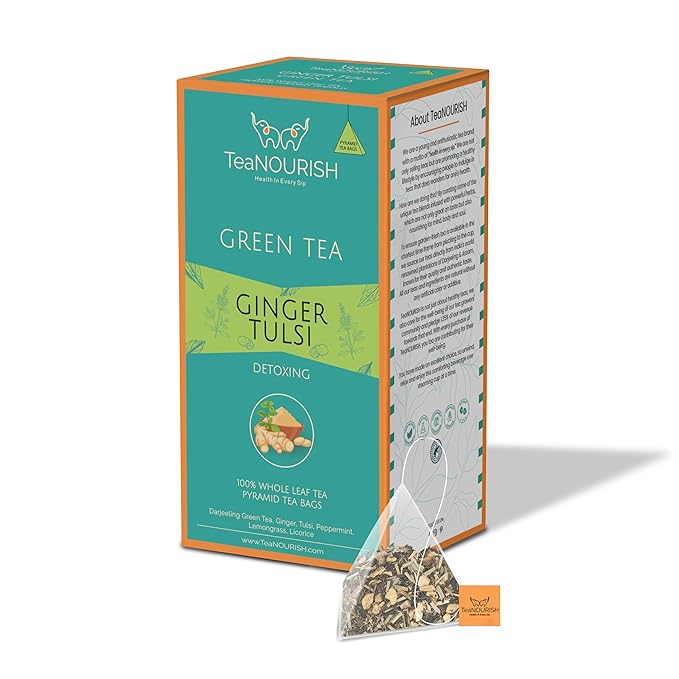 TeaNOURISH Ginger Tulsi Green Tea | 20 Count Pyramid Tea Bags | Darjeeling Whole Leaf | Indian Superfoods Ginger, Tulsi & Licorice | Relieves Stress & Aids Digestion