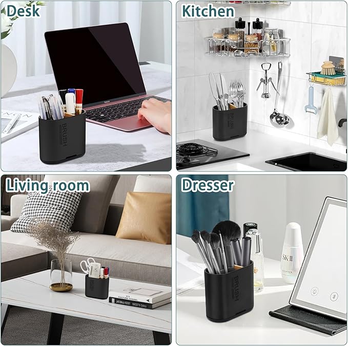 Toothbrush and Toothpaste Holder with Bamboo Divider for Bathroom Countertop Organizer, Detachable for Easy Clean, 2 Slots Electric Toothbrush Holders Storage Caddy Drainage for Family-Black